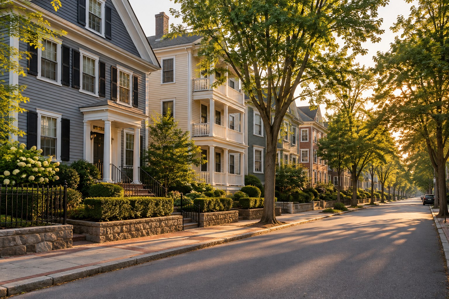 A Providence, Rhode Island neighborhood street at golden hour, illustrative