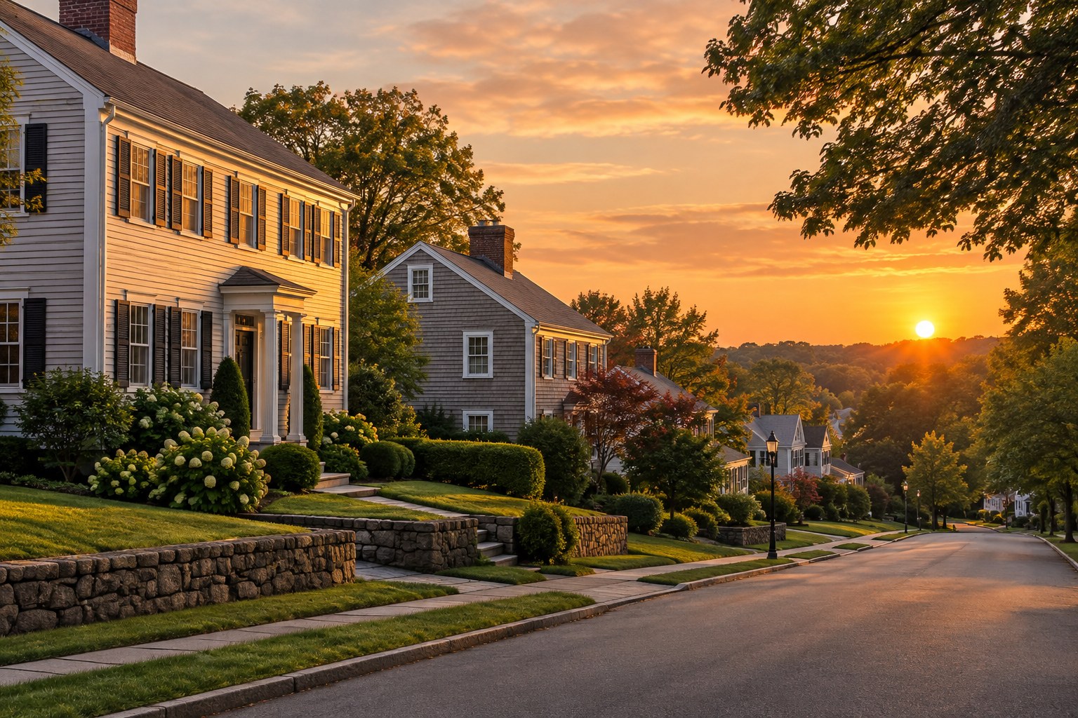 A Rhode Island street at sunset, illustrative