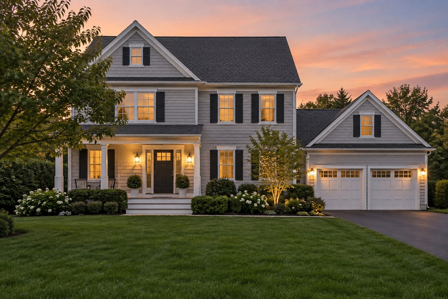 A Rhode Island home exterior at dusk, illustrative
