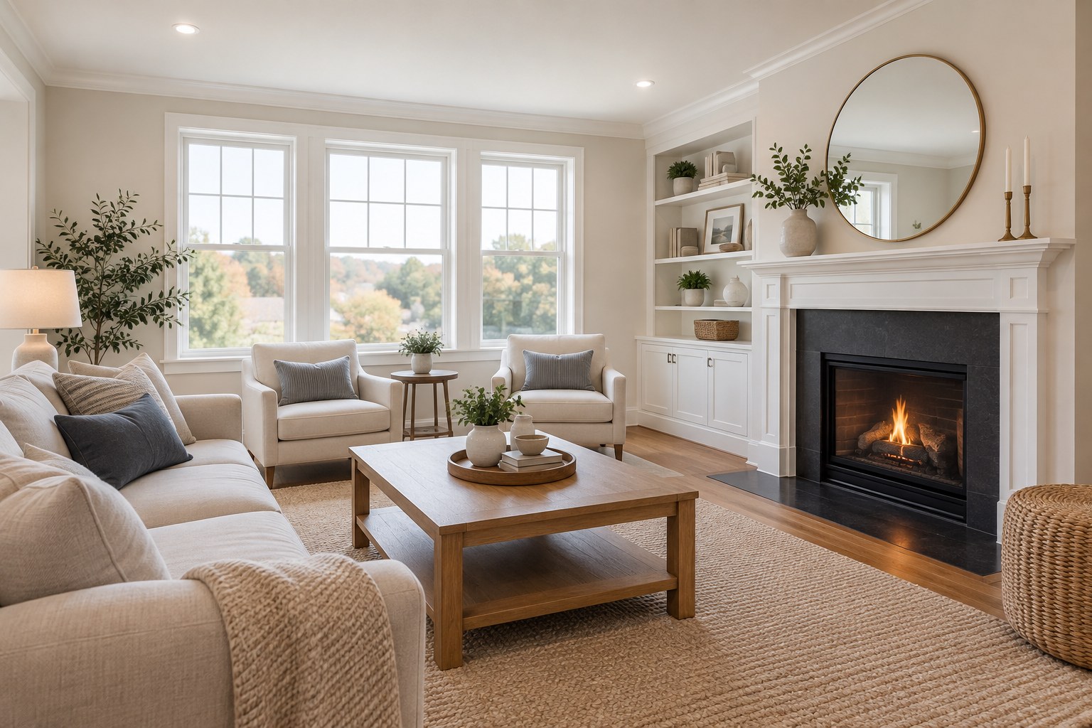 A cozy Rhode Island living room, illustrative